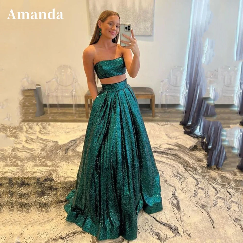 فساتين الحفلات باللون الأخضر الغامق من Amanda فستان الحفلات المثير بدون حمالات فساتين سهرة لامعة على شكل حرف a للحفلات الراقصة 2023