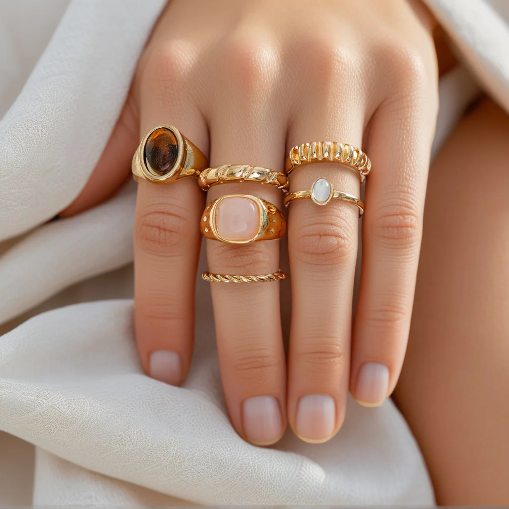 

6pcs/Set Vintage Boho Irregular Gemstone Ring Set for Women Fashion Accessories Six-Piece Rings Set Party Charm Jewelry Gifts