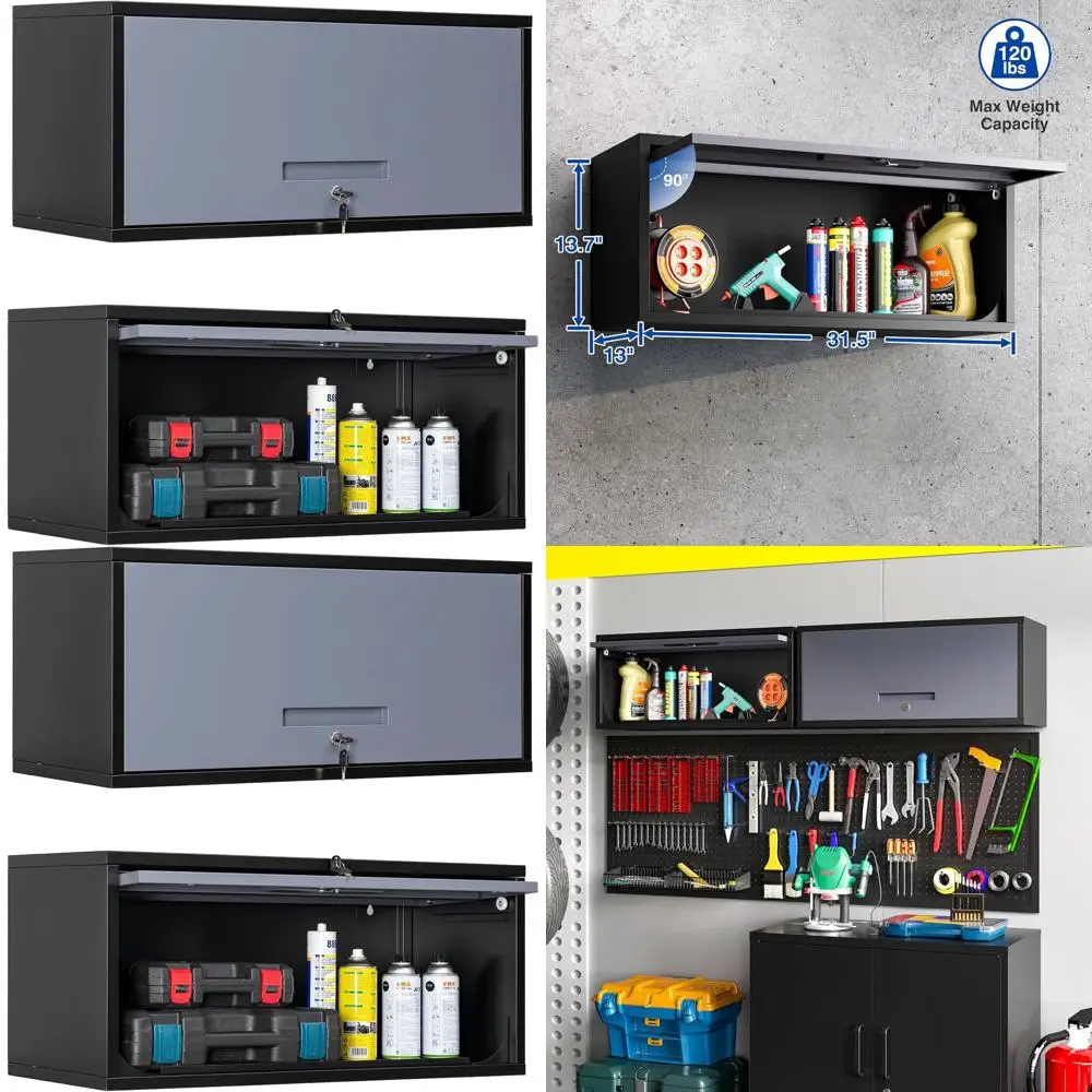 

Настенный шкаф для хранения с 1 полкой, подъемной дверцей и замком для гаража, кухни или мастерской (черно-серый, 13.7H)