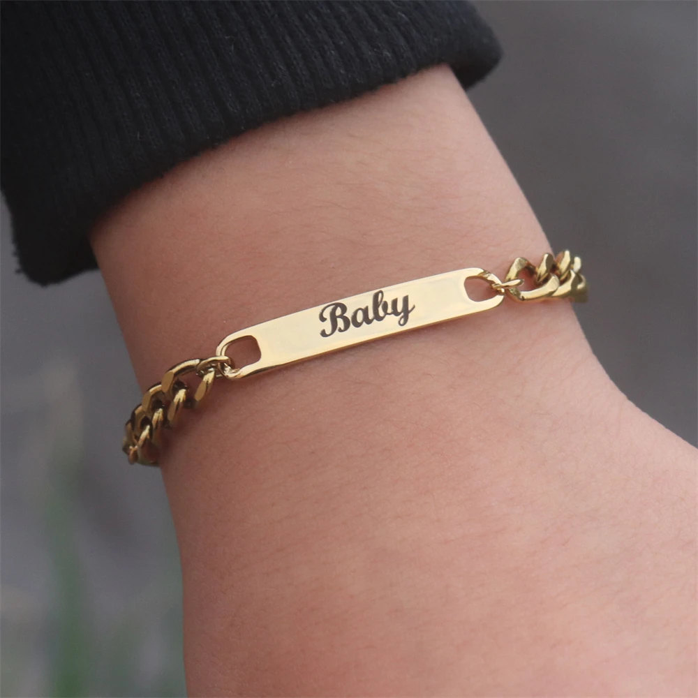 Baby Bar Name Bracelet Engraved Kids Name Child ID Bracelets Stainless Steel Cuban Chain Personalized Jewelry Newborn Gift