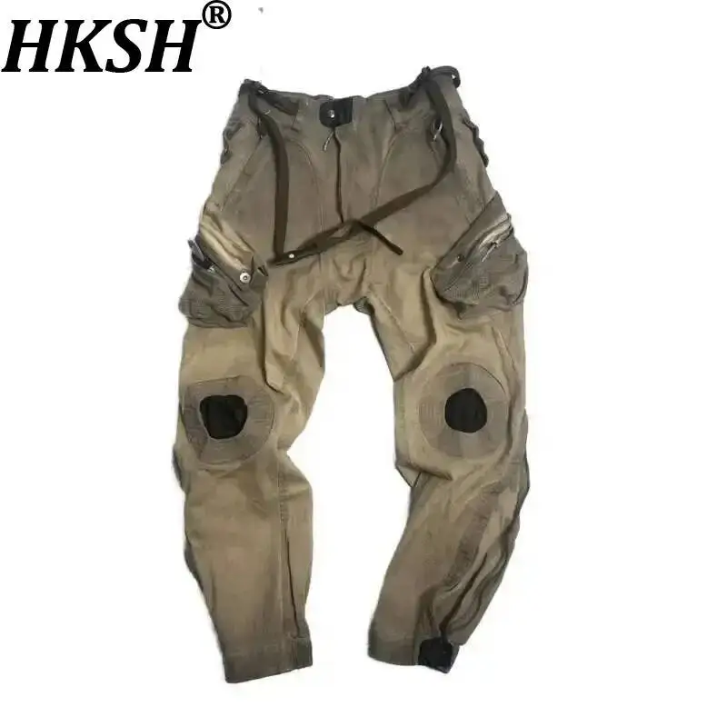 

HKSH Spring Autumn Winter New Men's Tide Punk Waste Land Pockets Zipper Cargo Pants Adjustable Waist Vintage Techwear Ins HK2391