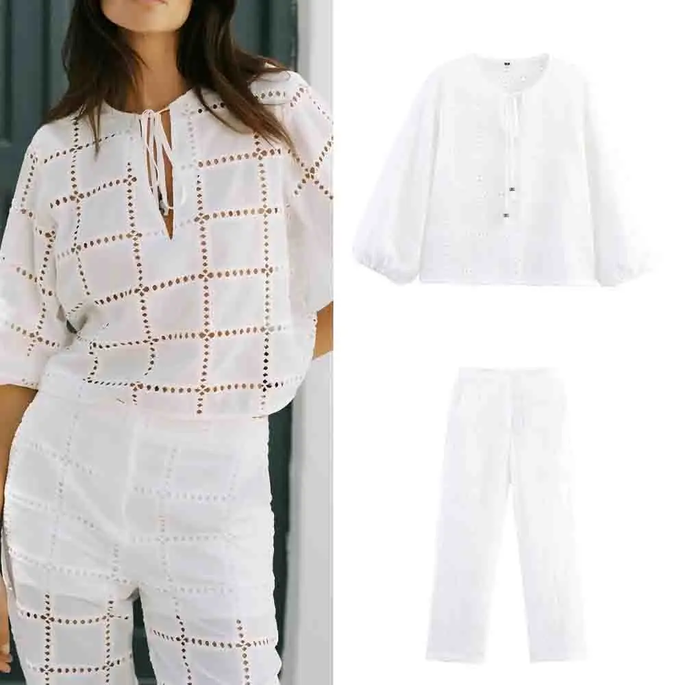 

Women's new fashion lace up decoration casual hollow embroidery shirt retro long sleeved women's shirt chic top+Pants suit