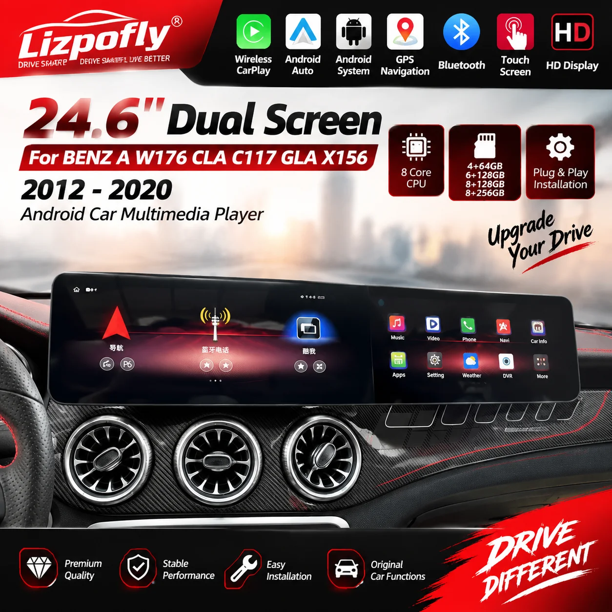 24.6'' Dual Screen For BENZ A W176 CLA C117 GLA X156 2012 - 2020 Android Autoradio Wireless Carplay Multimedia Player GP