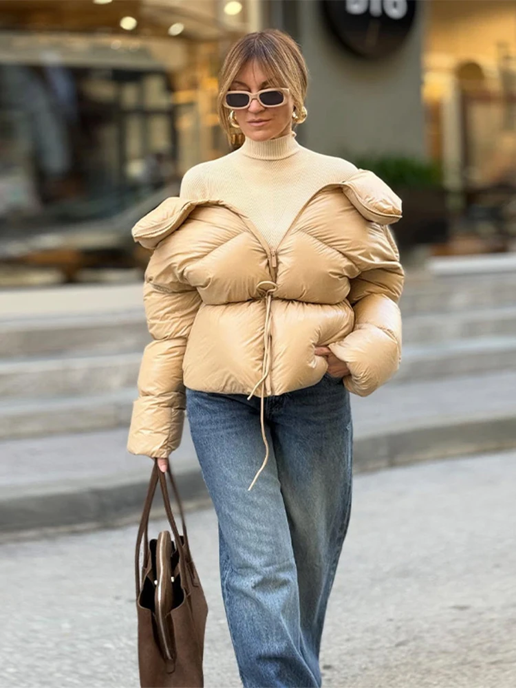 Kurzer, einfarbiger Stehkragen-Mantel mit Schnürung für Damen, dick, langärmelig, mit Reißverschlüssen, locker geschnitten, modisch, Herbst-Winter 2026, lässige Damenjacke.