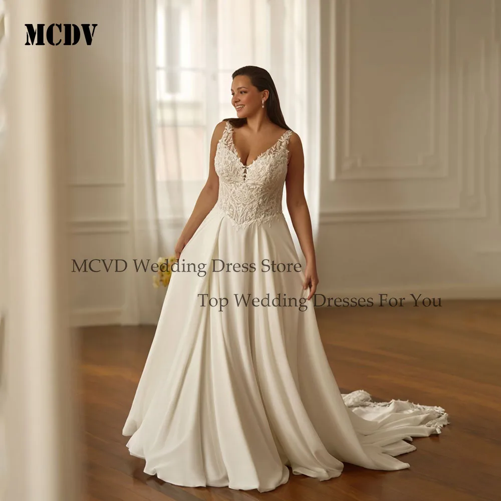 

MCDV Sexy V Neck Wedding Dress Plus Size Women Customized Sleeveless Sequined Applique A Line Sweep Train Bridal Gown for Bride