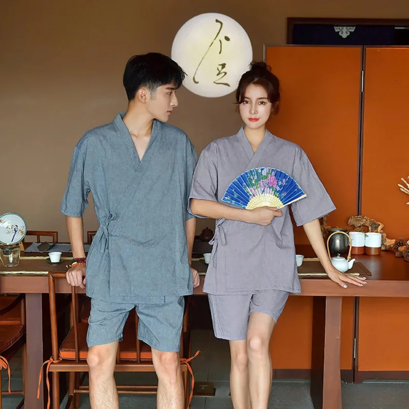 Japanese Style Yukata for Adult Couple's Clothing Woman Kimono Cotton Short V-neck Man Jinbei Pajamas Sleepwear Clothing Set OA4