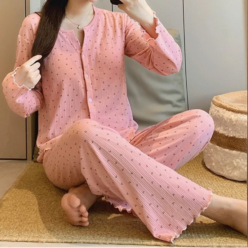 Korean Sweet Home Clothes for Women, Autumn Small Floral with Fixed Chest Cushion Long Sleeved Pants Pajamas