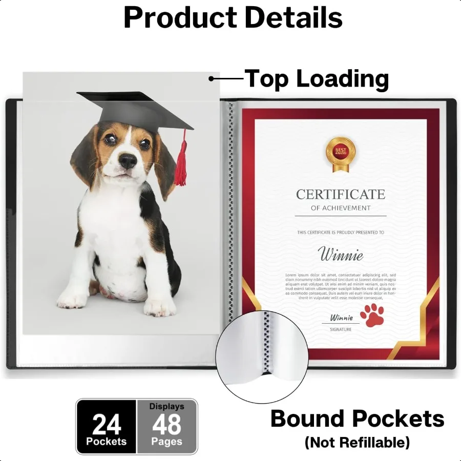 11x14 Binder with Sleeves Black 24 Pockets Display 48 Pages Large Folder with Plastic Sleeves 11x14 Presentation Book with Prot