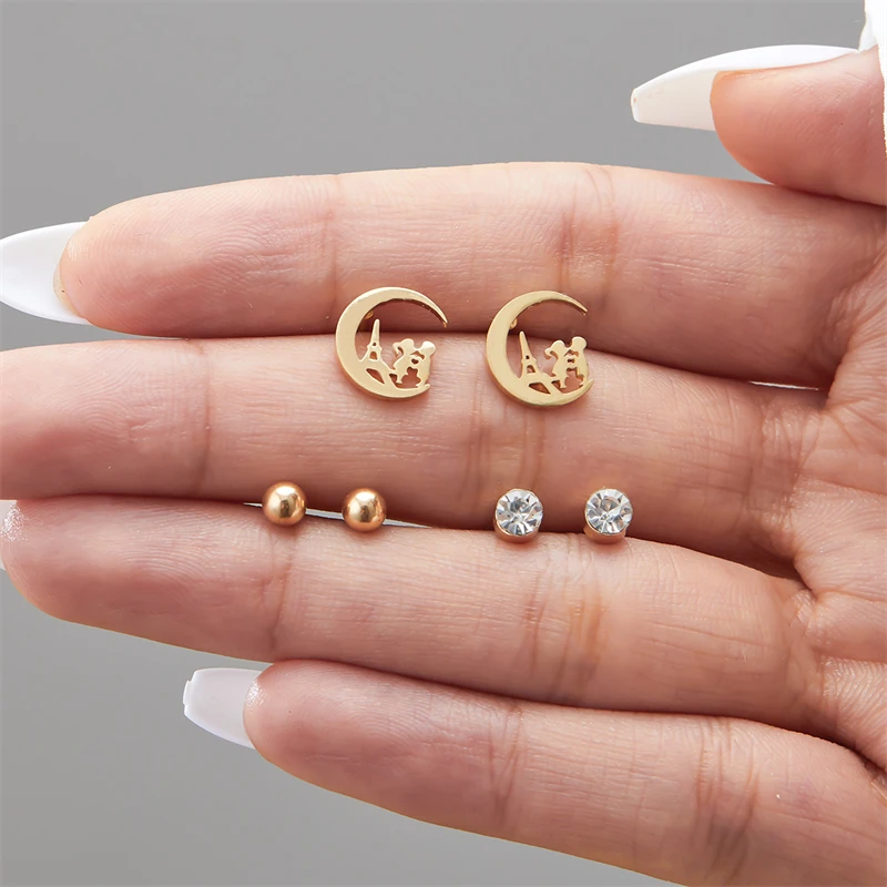 3 Pairs Hypoallergenic Stainless Steel Stud Earrings Set For Women Girl Geometric Heart Star Moon Mini Earrings Wedding Jewelry