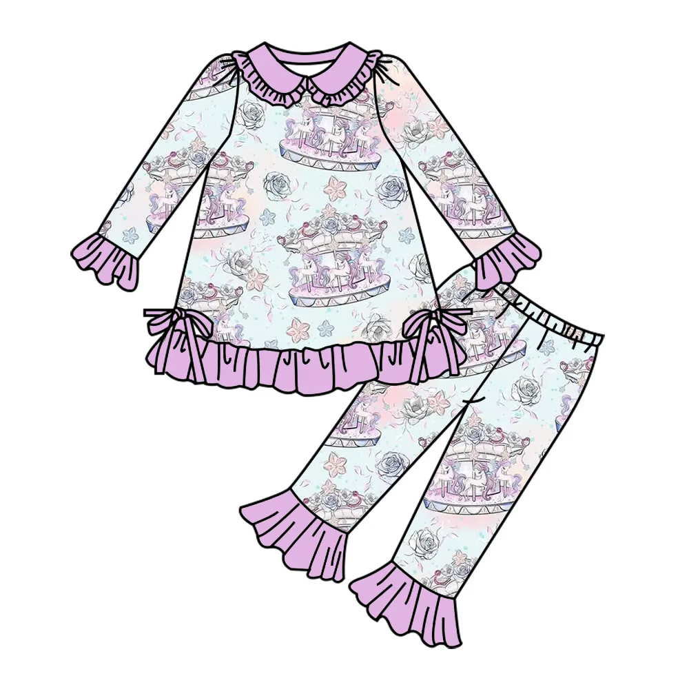 New styleGirls' dress long sleeve pants suit made of milk silk fabric amusement park carousel pattern