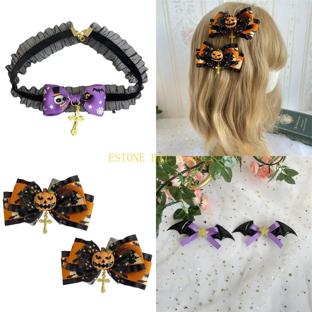 

49MF Halloween Choker Hair Clip Pumpkin Bowlers Hat Star Bat Wing for Stage Shows
