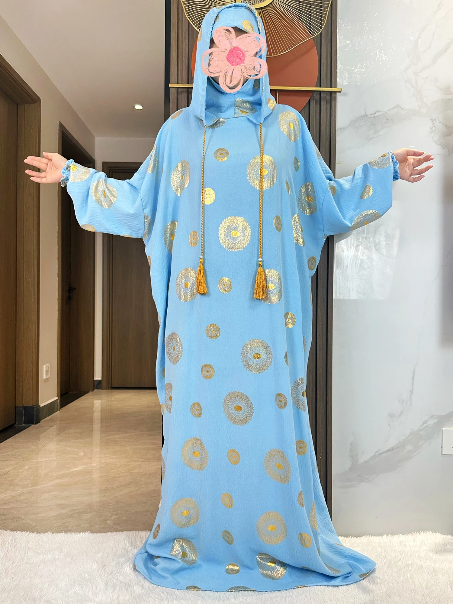 New Cotton Ramadan Muslim Two Hat Abaya Dubai Turkey Islam Prayer Clothes Gold Dust Shinning Embroidery Islam Women Dress Kaftan