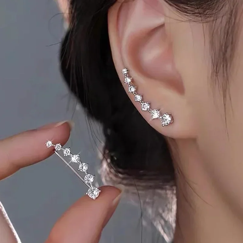 Fashion Seven Star Crystals Leaf Shape Ear Climber Stud Earrings Shiny Ear Cuff Hook Ear Climbers for Women Girls Jewelry Gifts