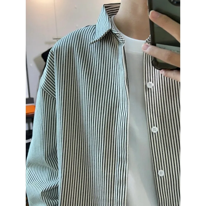 Men's Casual Long Sleeve Shirt Vertical Stripes Oversize Autumn Winter Japanese Style Inner Wear Layering Jacket Coat