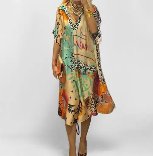 

2025 Spring/Summer New Women's Fashion Casual Leopard Pattern Color Printed Deep V-neck Five Sleeve Dress