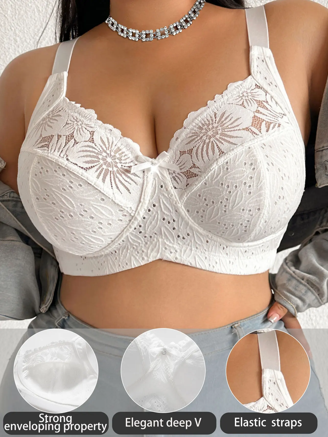 Plus-Size Lace Spliced Bra, Wire-Free and Unpadded, with Straps, Breathable, Comfortable and Anti-Sagging Everyday Lingerie