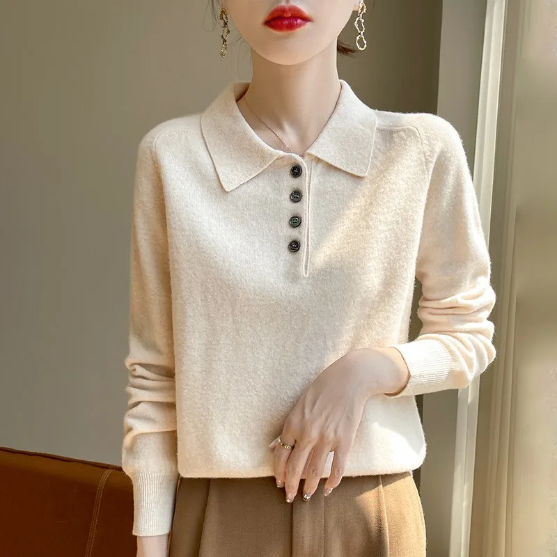 2026 Fall/Winter New Polo Collar Wool Sweater with Half Buttons Loose Fit Solid Color Versatile Long Sleeve Pullover Knit Top