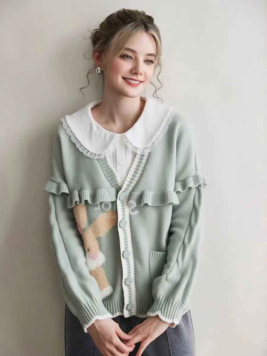 

Жаккардовый вязаный свитер с рисунком милого кролика для женщин, кардиганы, повседневная одежда с v-образным вырезом, кавайная одежда, трикотажное пальто Harajuku Y2k