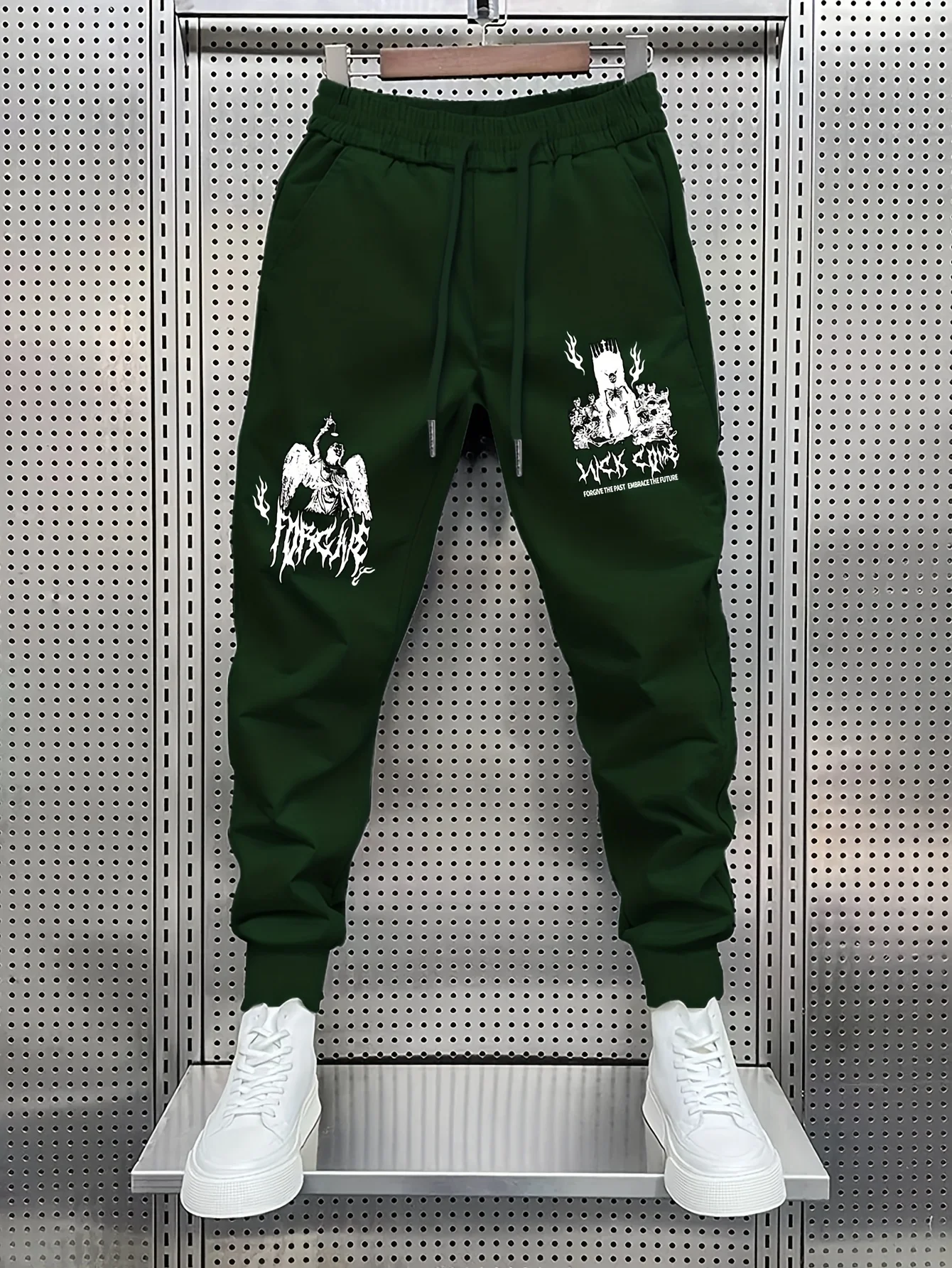 Rock‑trend dark‑aesthetic winged‑character jagged‑font print street‑style dual‑side sweatpants men hip hop jogger trousers