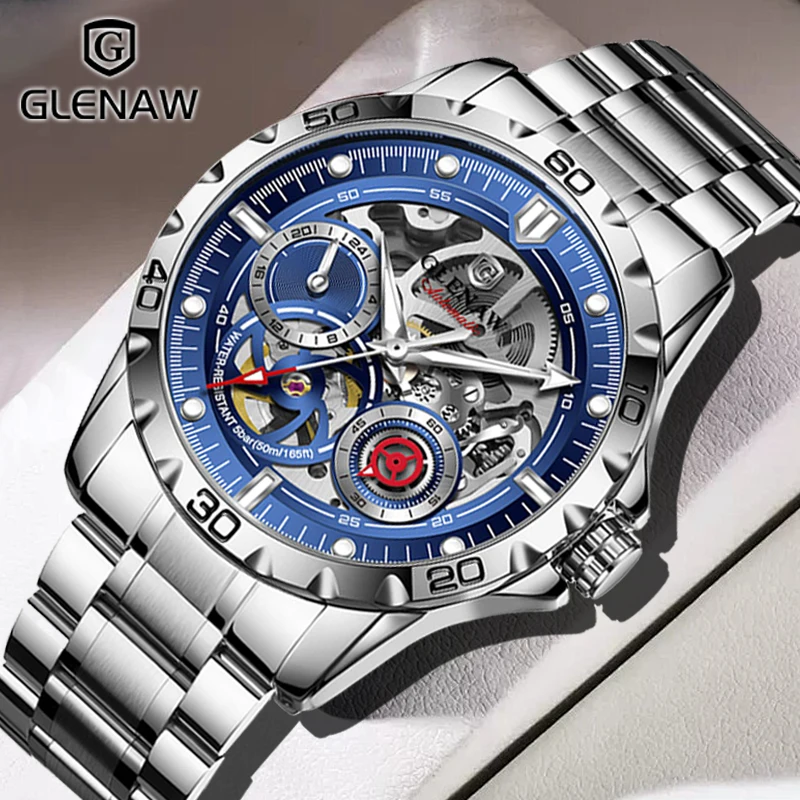 

2025 GLENAW Design New Luxury Mechanical Watch Men Stainless Steel Strap Night Light 24-hour Display Waterproof Automatic Watch
