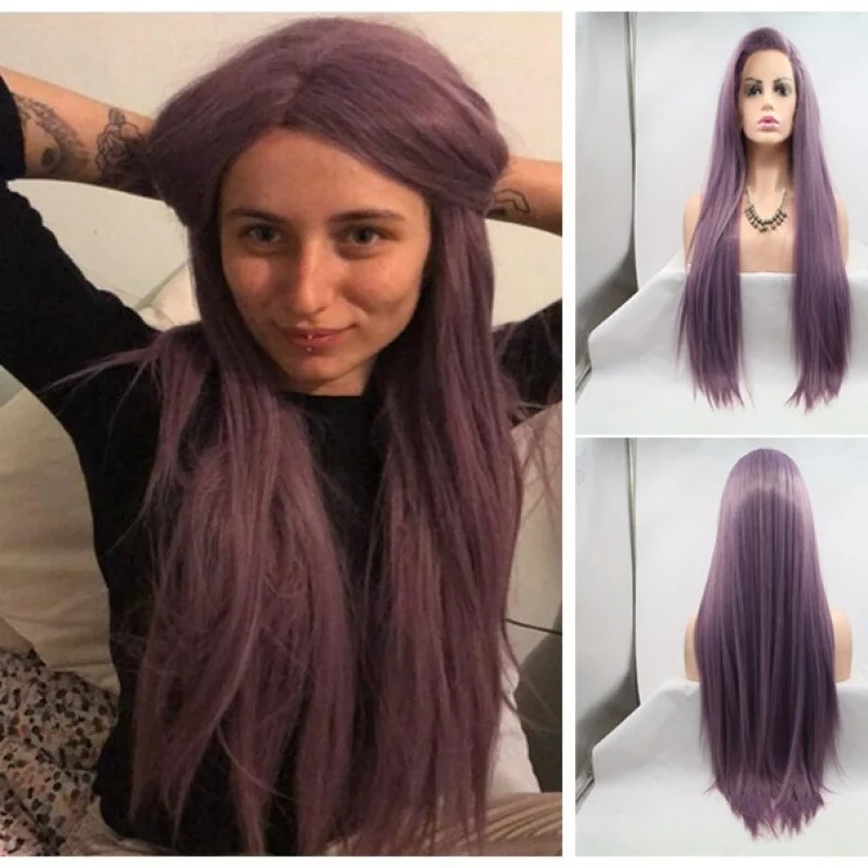 

Synthetic lace front wig with free parting, purple long straight hair, high-temperature fiber