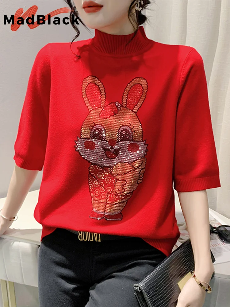 

MadBlack Tradition Chinese Sweater Women Turtleneck Diamond Rabbit Year Red Knit Top Half Sleeve Pullover Autumn Winter T38704JM