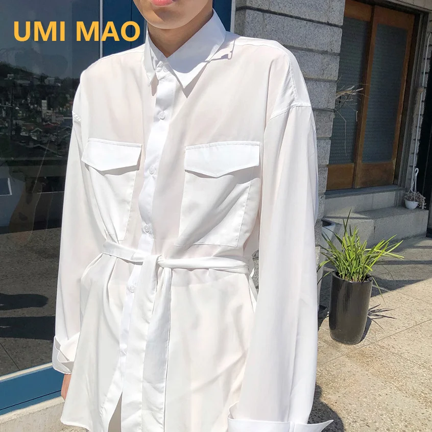 

UMI MAO Yamamoto Dark Top Femme Exquisite Casual Korean Style Belt Long Sleeve Shirt Men Women Masculino