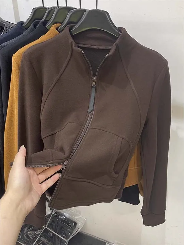 

Ретро-американская толстовка на молнии для женщин, свободный крой, с дизайнерскими вставками, осенне-зимняя, с длинными рукавами, воротником-стойкой, двойной молнией, толстовка-свитшот