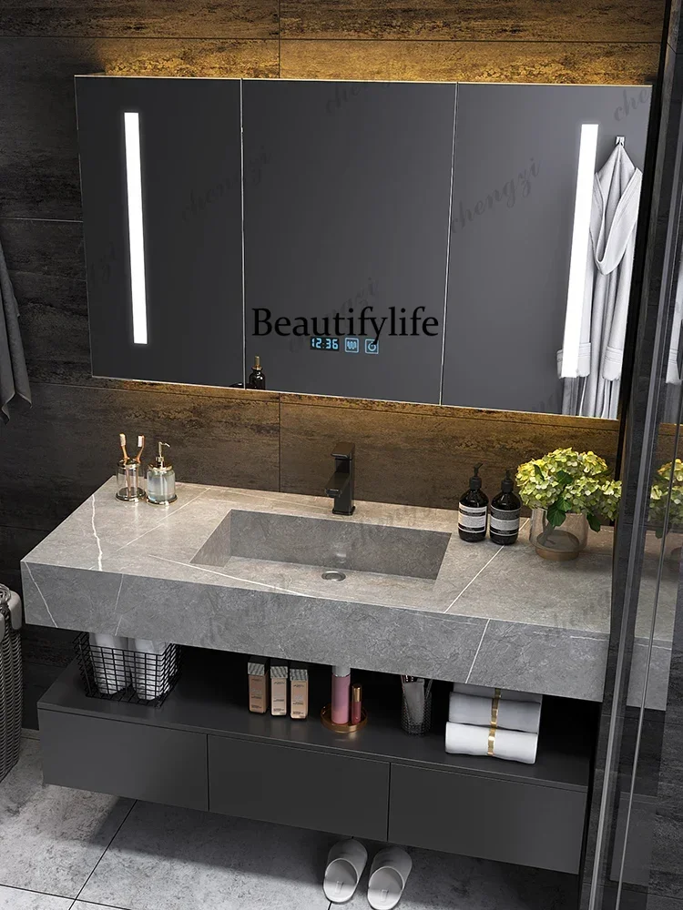 Stone Slab Integrated Basin Cabinet High-end Bathroom For Home Use Mirror Toilet Washbasin Hand Wash Combination Hotel Modern b5
