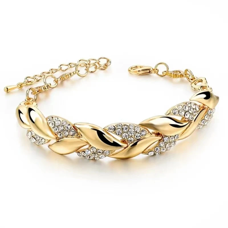 Hip Hop Leaf Bracelet For Women Gold Color Twisted Shiny Crystal Stone Charm Bracelet Elegant Adjustable Chain Daily Jewelry