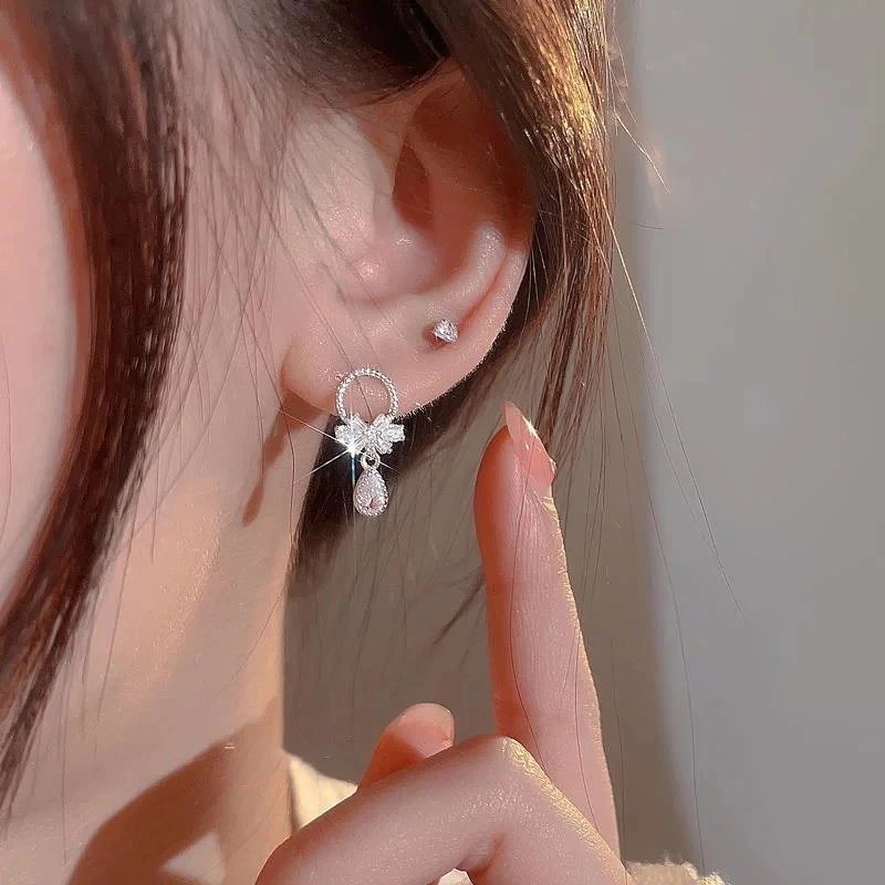 Sweet Elegant Crystal Bow Drop Earrings for Women Short Tassel Hypoallergenic Female Birthday Wedding Party Jewelry Gift