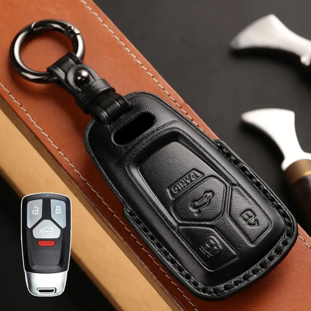 

Leather Remote 4 Button Key Fob Ring Chain Case Shell Cover Holder Protect For Audi A4 A5 TT Quattro SQ5 Interior Styling Auto