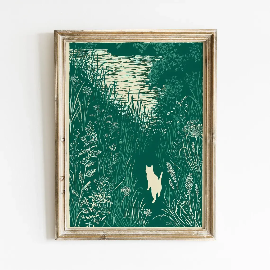 Cat Wall Art | White Cat Meadow Poster | Whimsical Cat Wall Print | Emerald Green Nature Grass Field  for Home | Cat Lov