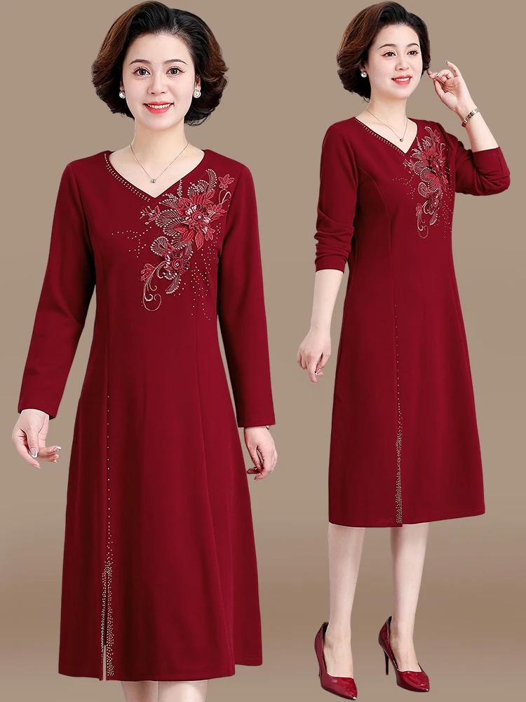 

Ele Wedding Guest Dr Autumn Sle V-Ne Midi Dr for Middle-Aged And ly Women High-Quali Polyester Fabric