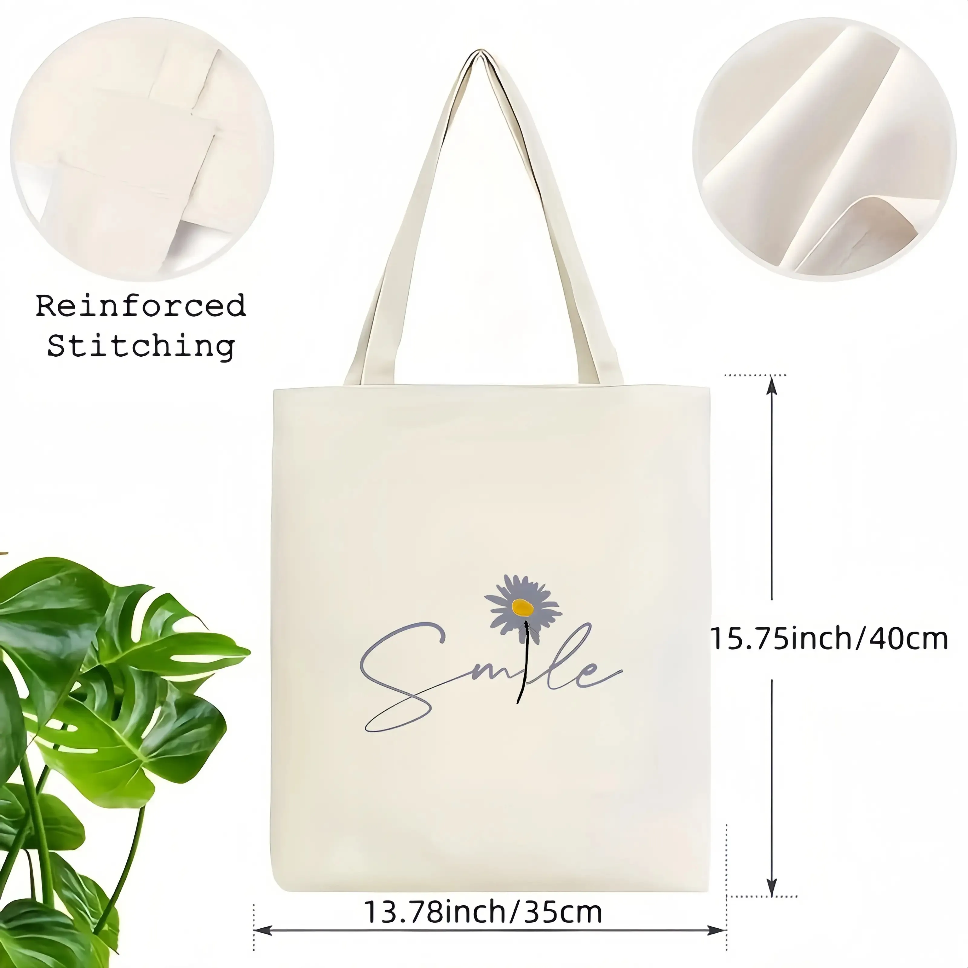 1pc Women's Large Capacity Reusable Canvas Tote Bag Suitable for Groceries & Daily Use - Smile Print & Daisy Design with Double