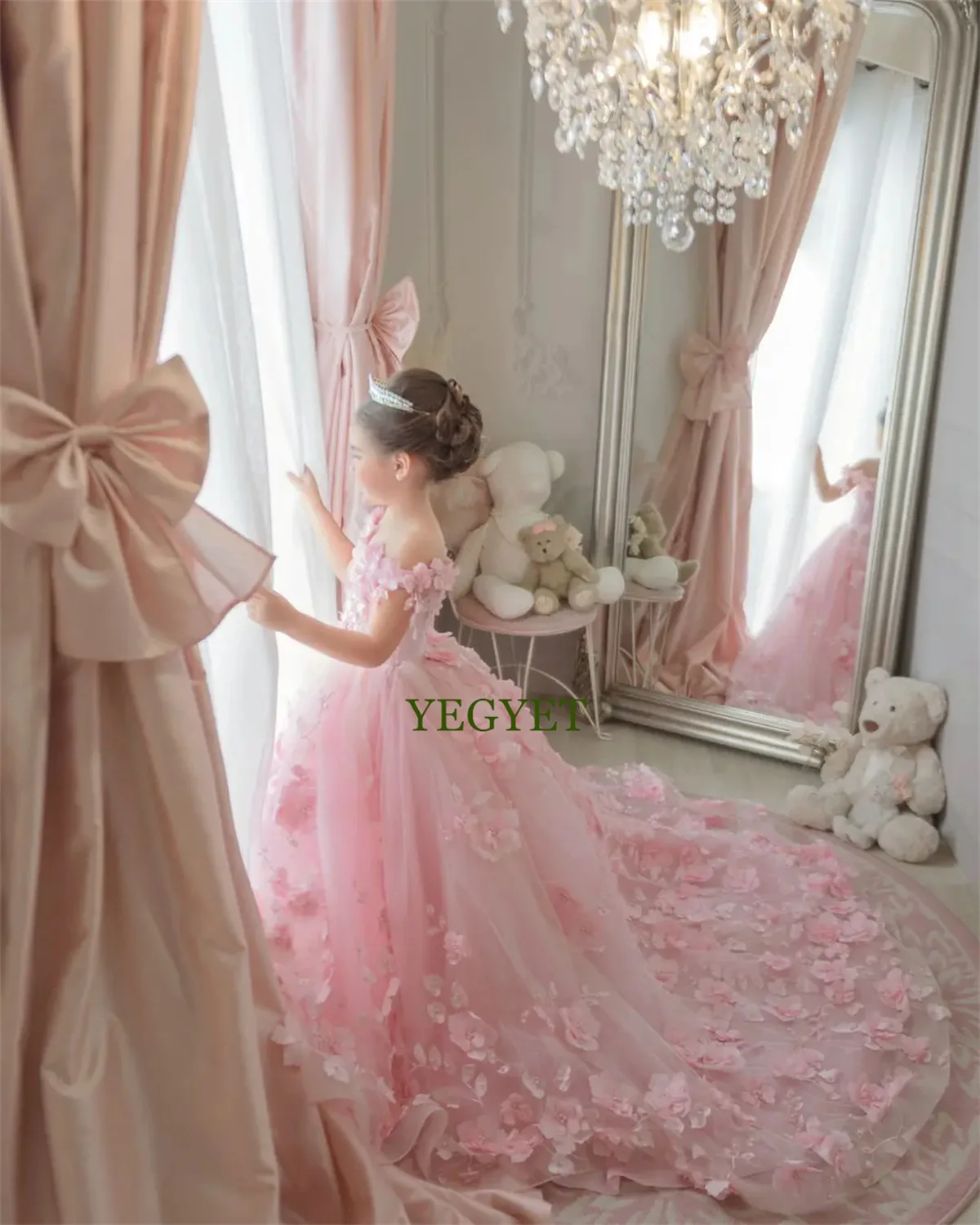 

Flower Girl Dress A-line Skirt with Three Dimensional Petals Scattered All Over the Gown and Embroidered Vines Lace Up