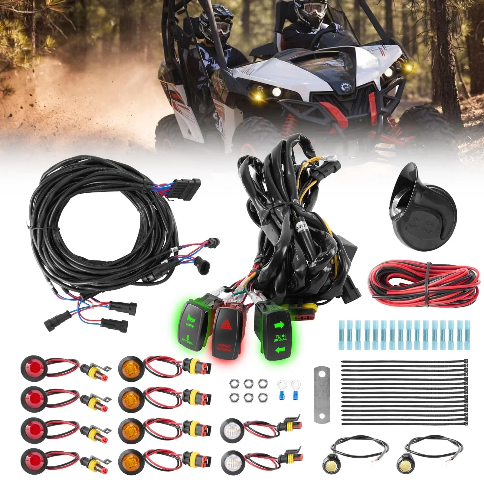طقم إشارة الانعطاف UTV ATV سلكي مسبقًا مع قرن، مجموعة Universal Street Legal 60B510HZ