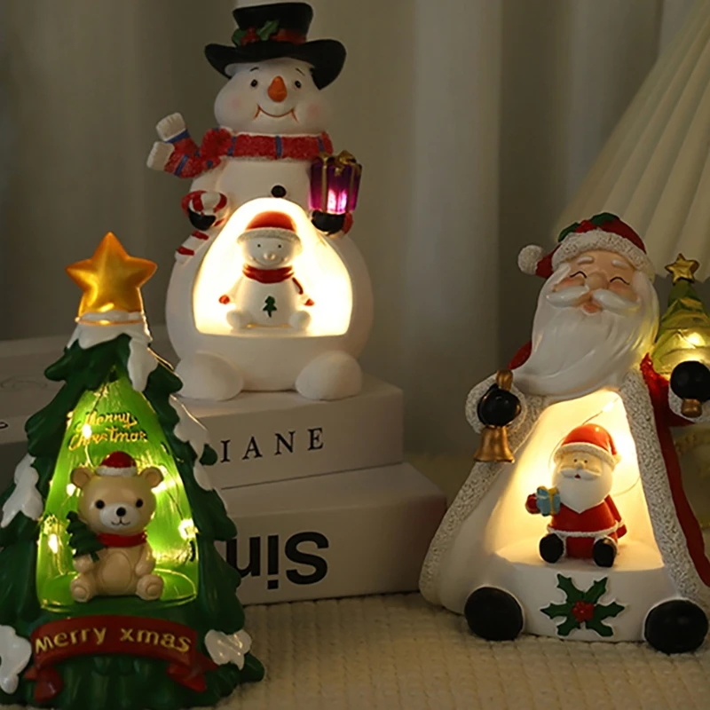 Festives Fireplaces Mantles Ornament Resins Figurine with LED Christmas Trees Santa Snowmans Resins Ornament