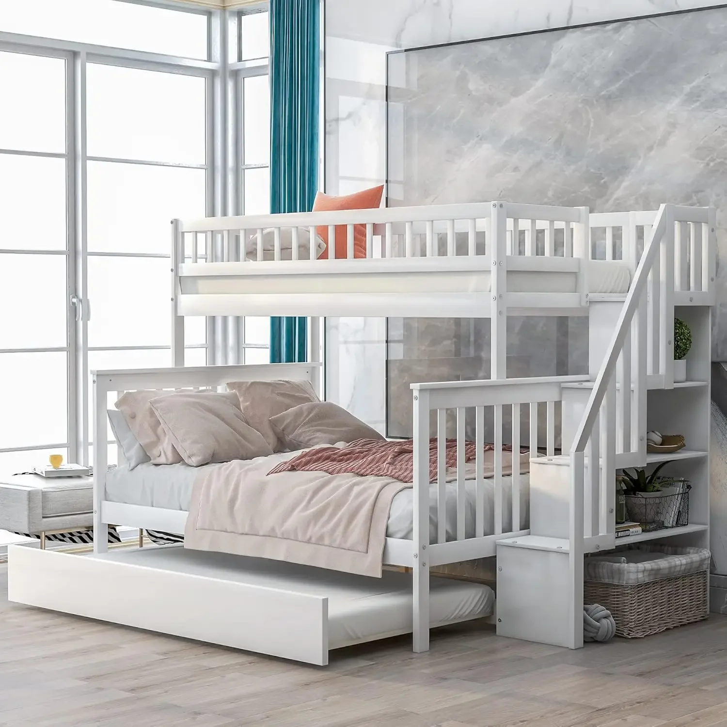 Bunk Bed Twin Over Full with Trundle Wood Bunk Bed Frame with Storage Staircase and Storage Shelves Teens No Spring Box Needed