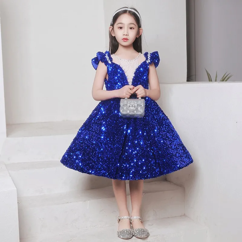 Little Girls Sparkle Sequin Dress Formal Party Banquet Gown Girls Beauty Game Dresses Pearls Kids Evening Cocktail Puffy Dress