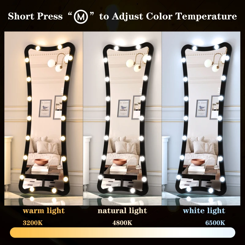 헐리우드 전신 조명 거울, 3가지 색상 모드 조명 스탠딩 플로어 드레싱 거울