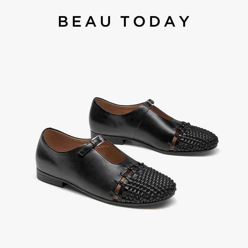 BEAUTODAY Mary Janes Women Sheepskin Leather Buckle Strap Weave Hollow Solid Color Retro Ladies Flat Shoes Handmade 24097