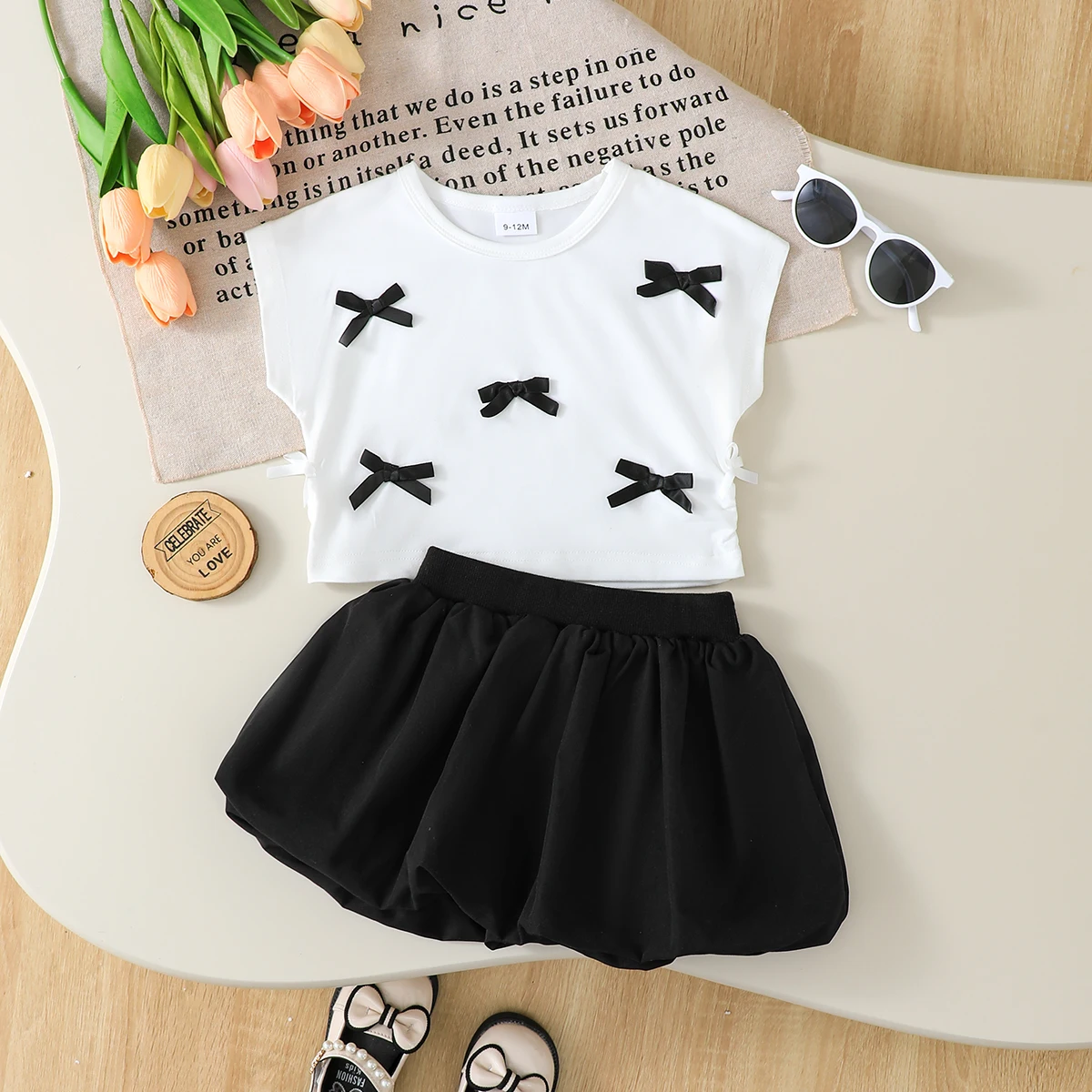 Summer Baby Girl Set Round Neck Small Bow Sleeveless+Black Bud Skirt Half Skirt 2Pcs/Set 0-3 Year Old Baby Girl Fashion Set