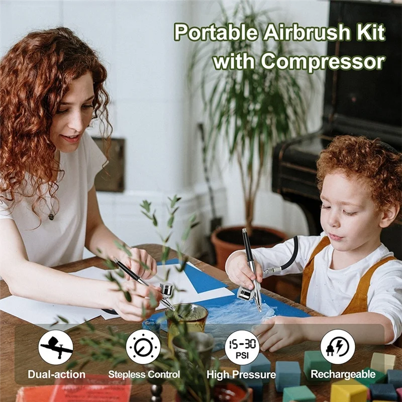 ชุดแอร์บรัชแบบชาร์จไฟได้ ABFI แบบสองหัวฉีด พร้อมปั๊มลมและไฟแสดงสถานะแบตเตอรี่ สำหรับแต่งหน้า ระบายสี ทำเค้ก และตัดผม