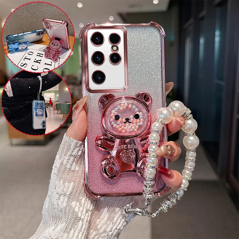 Cute Bear Cartoon Holder Pearl lanyard Strap Shockproof Glitter Phone Case For Samsung Galaxy 26 25 24 23 22 21 Ultra Back Cover