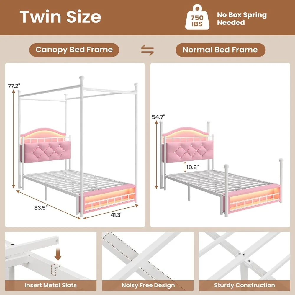إطار سرير مزدوج المظلة مع أضواء LED ومحطة شحن، سرير بمنصة منجدة مخملية للفتيات، لوح رأسي مع Ch