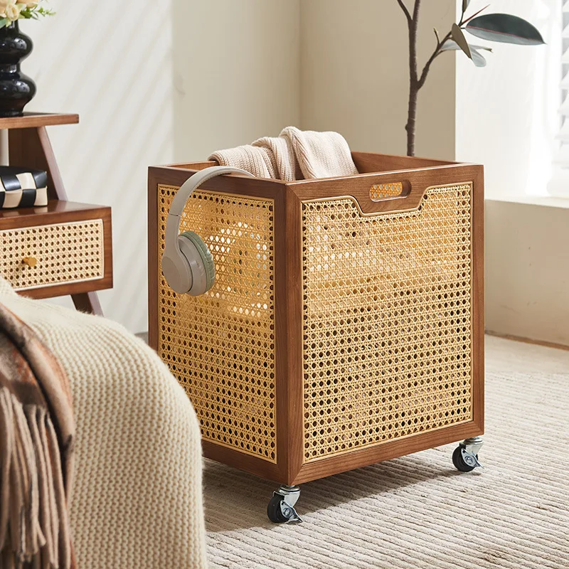 Customizable medieval solid wood rattan storage box badminton racket yoga mat fitness equipment storage basket movable belt