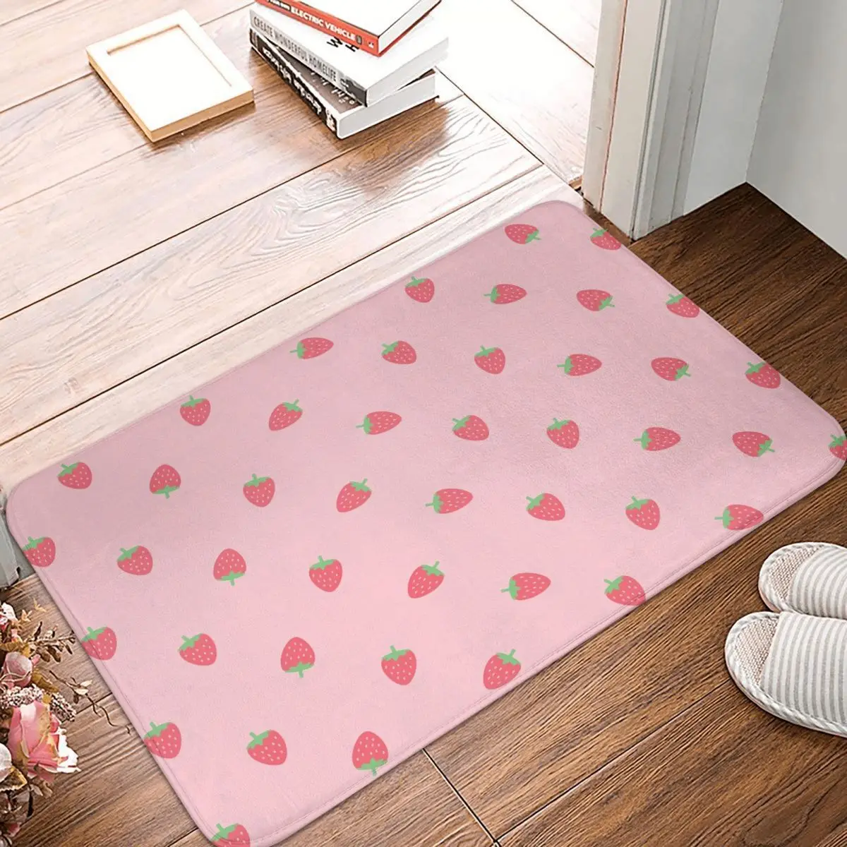 Strawberries Kawaii Cute Pastel Pink Floor Mat Kitchen Shower Door Fruit Bath Mat Quick Dry Bathroom Carpet Anti Slip Toilet Pad