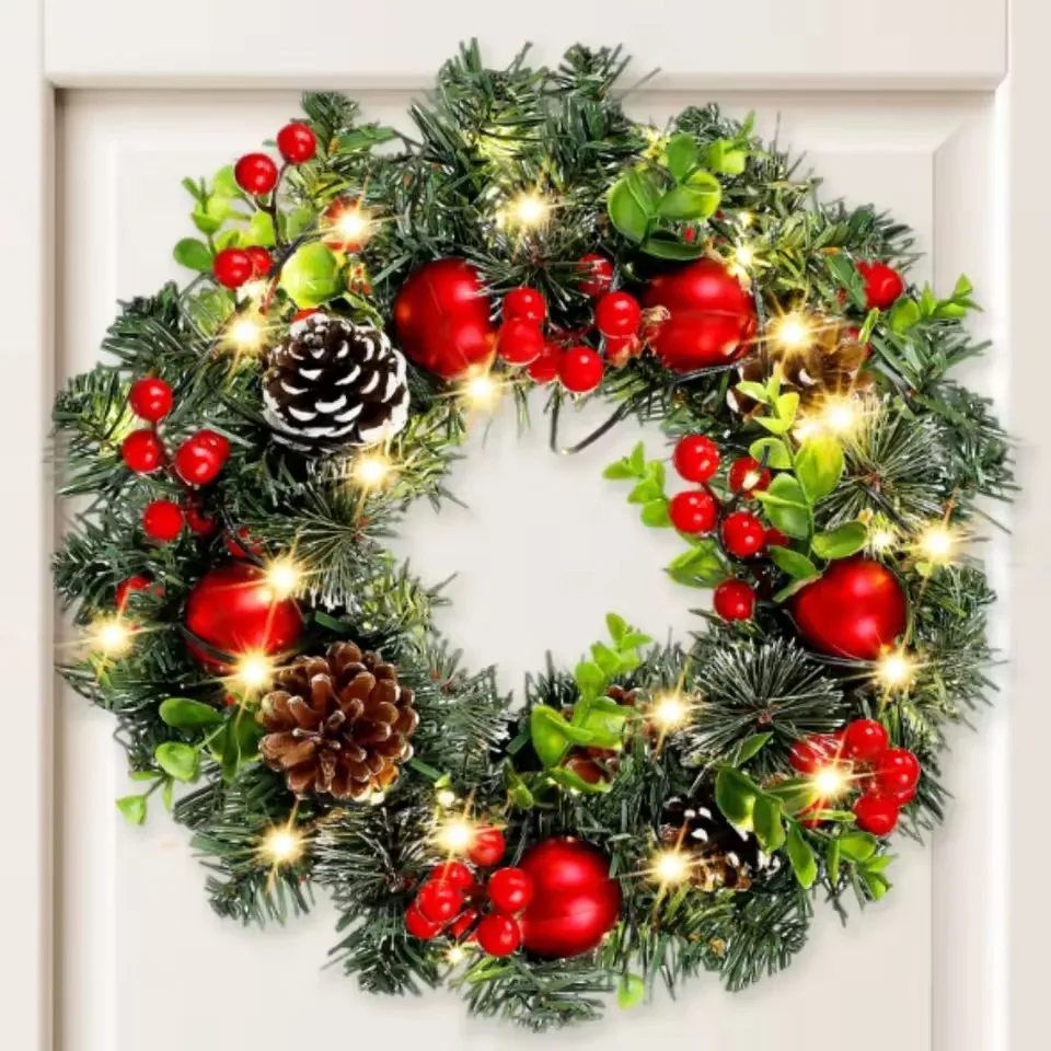 Eleganter roter Weihnachtskranz, LED, PVC, rote Früchte, Weihnachtskranz, Fenster, Tür, Wand, Ornament, Dekorationen, Zuhause, Halloween, Dekoration, Geschenke