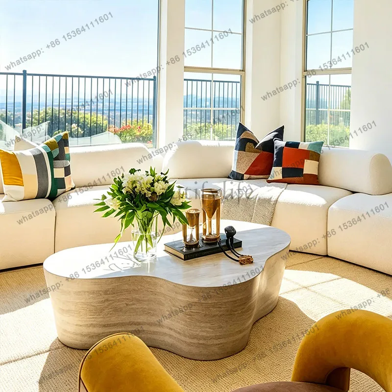 YJ Modern Irregular Coffee Table with Travertine Texture, Simple Luxury Stone Side Table for Living Room